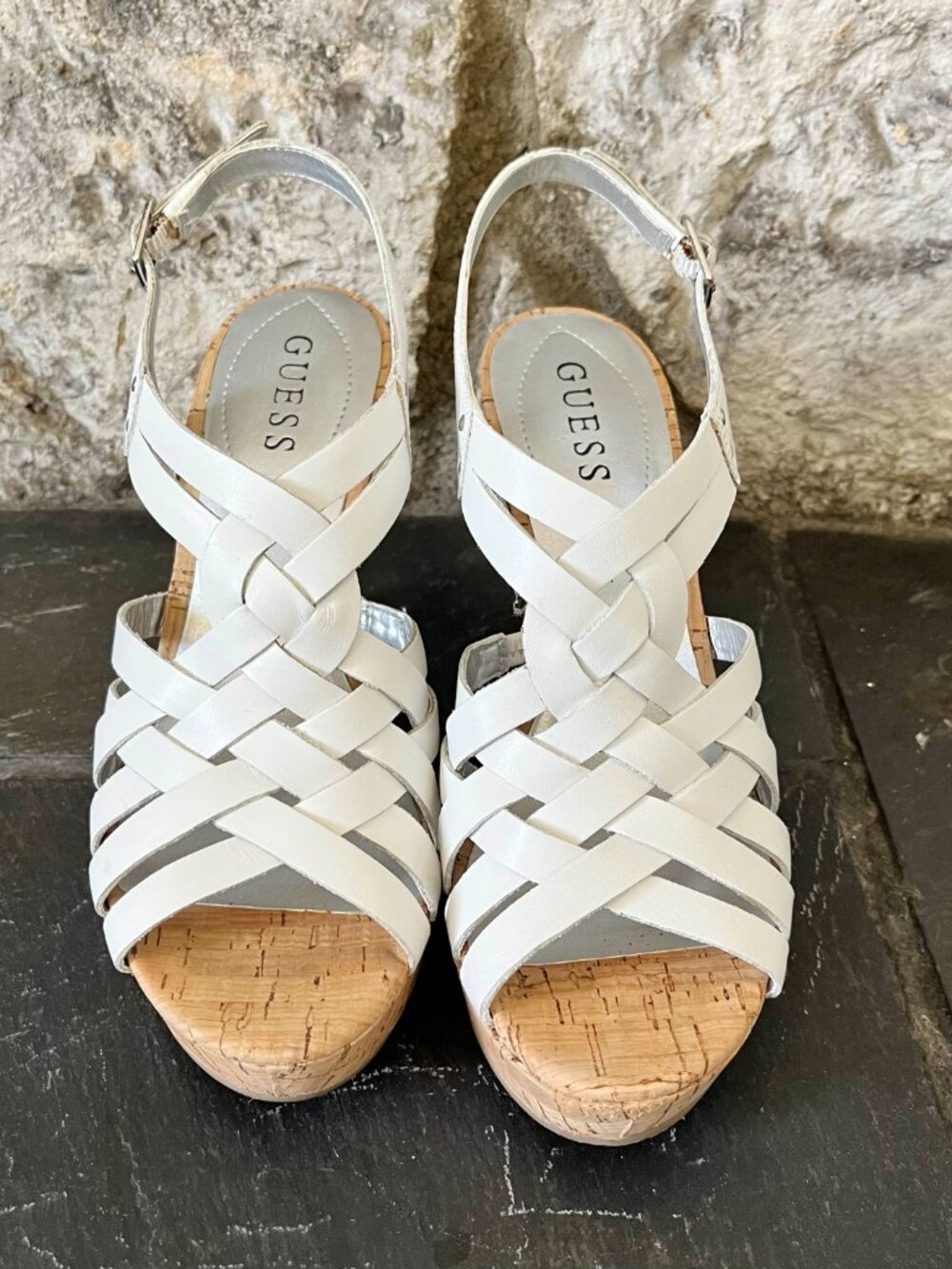 Guess White Leather Wedge Strappy Sandals - Picture 2 of 9